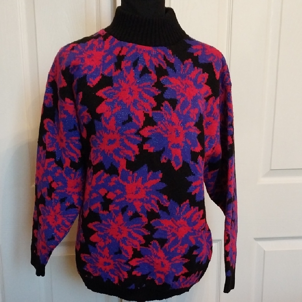 80s Vibrant Floral Black and Purple Turtleneck Sweater